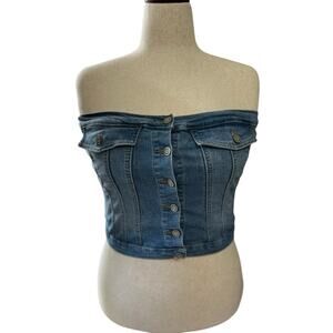 Denim Button Front Strapless Cropped Corset Bustier XL Festival Western Moto